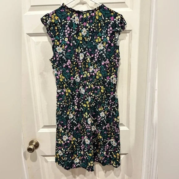 Old Navy Flutter Sleeves Black‎ Floral Dress Green Yellow Purple Flowers Large - Picture 6 of 6